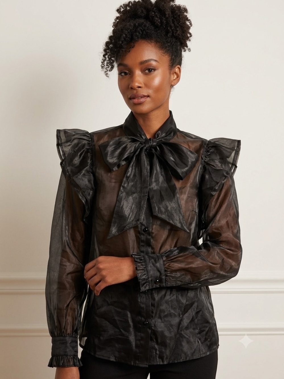 iris Black Sheer Bow-Tie Ruffle Blouse